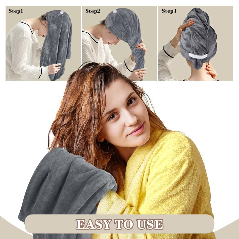 SUNLAND Microfiber Hair Towels Anti Frizz Hair Drying Towel Super Absorbent Fast Drying Turbans for Wet Curly Hair Soft Hair Towel Wrap with Elastic Band for All Hair Types 40 X 20 inches 2Pack Grey - Image 4